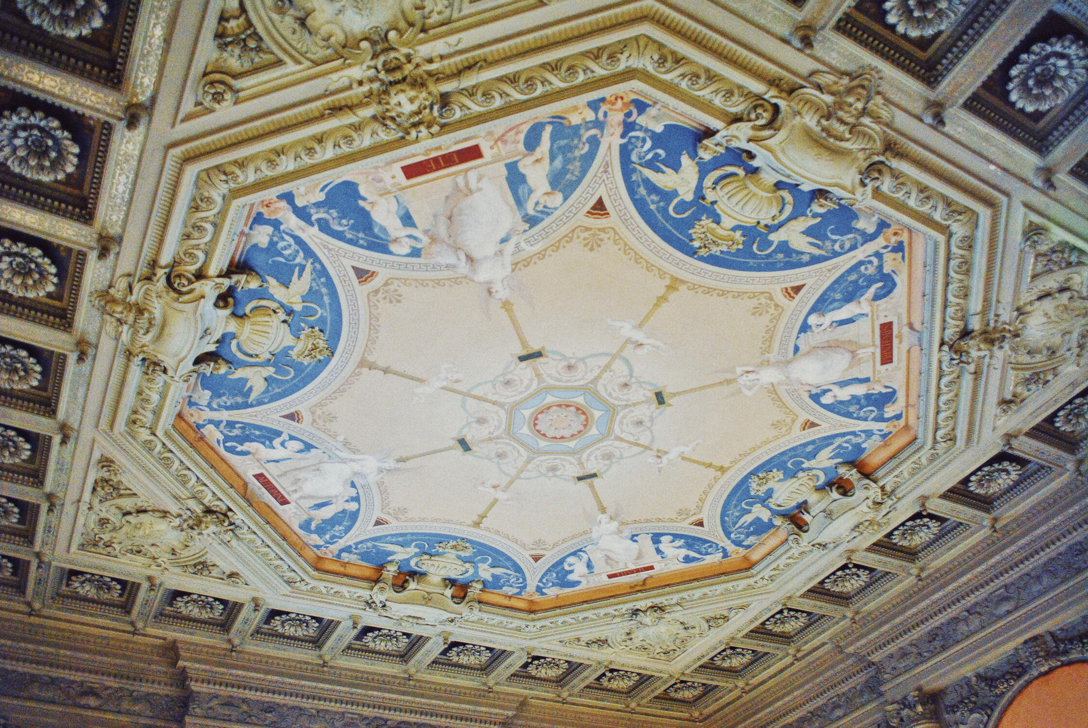 A beautiful ceiling at The Breakers mansion in Newport, Rhode Island.