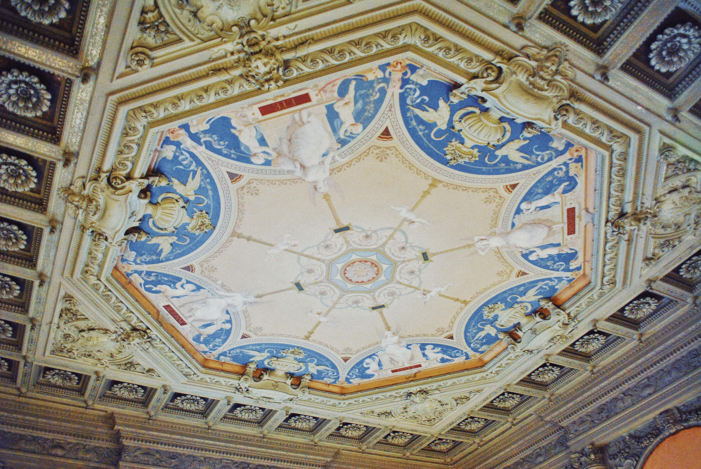 A beautiful ceiling at The Breakers mansion in Newport, Rhode Island. A beautiful ceiling at The Breakers mansion in Newport, Rhode Island.