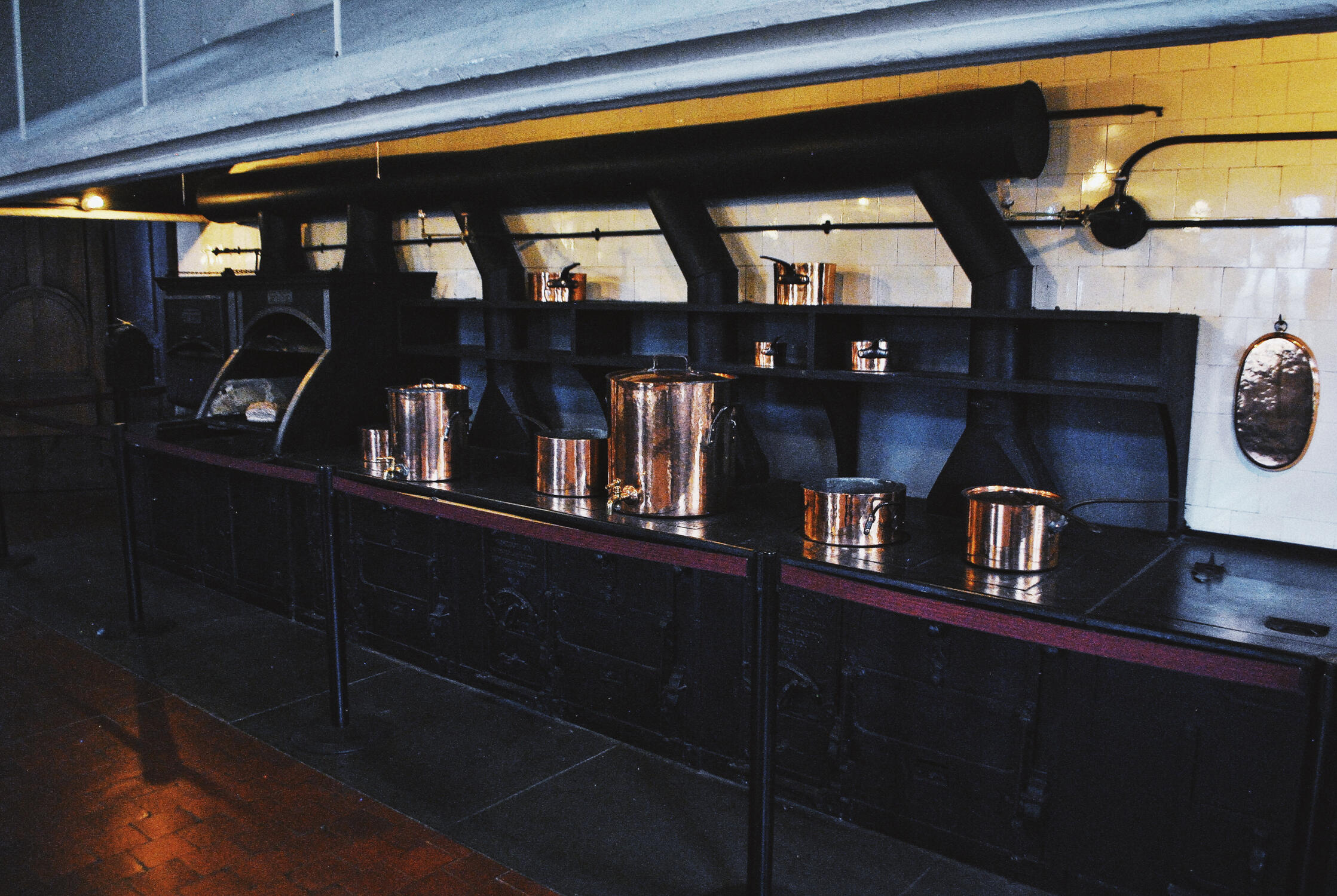 Copper pots on the stove in the kitchen at The Breakers mansion in Newport, Rhode Island.