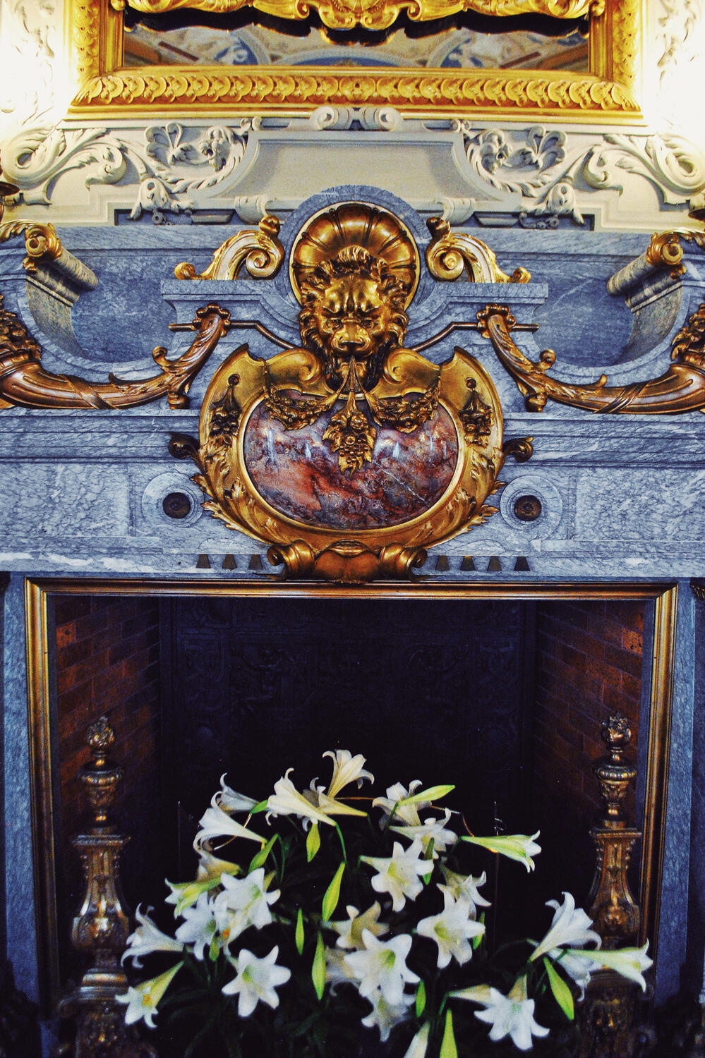 A beautiful fireplace at The Breakers mansion in Newport, Rhode Island.