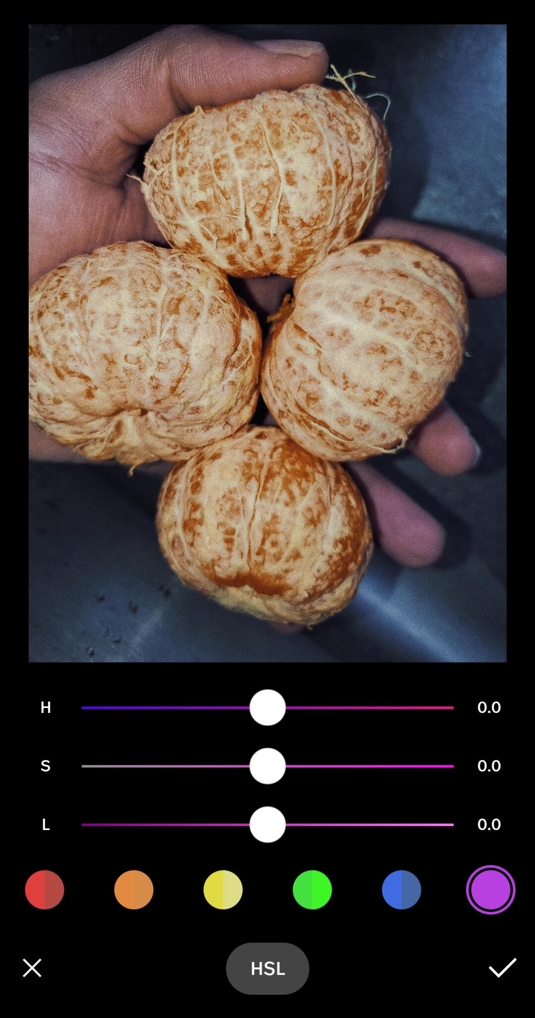 VSCO mobile photograph editing lesson HSL purple settings.