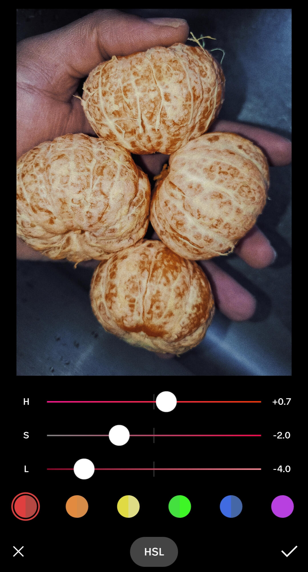 VSCO mobile photograph editing lesson HSL Red settings.