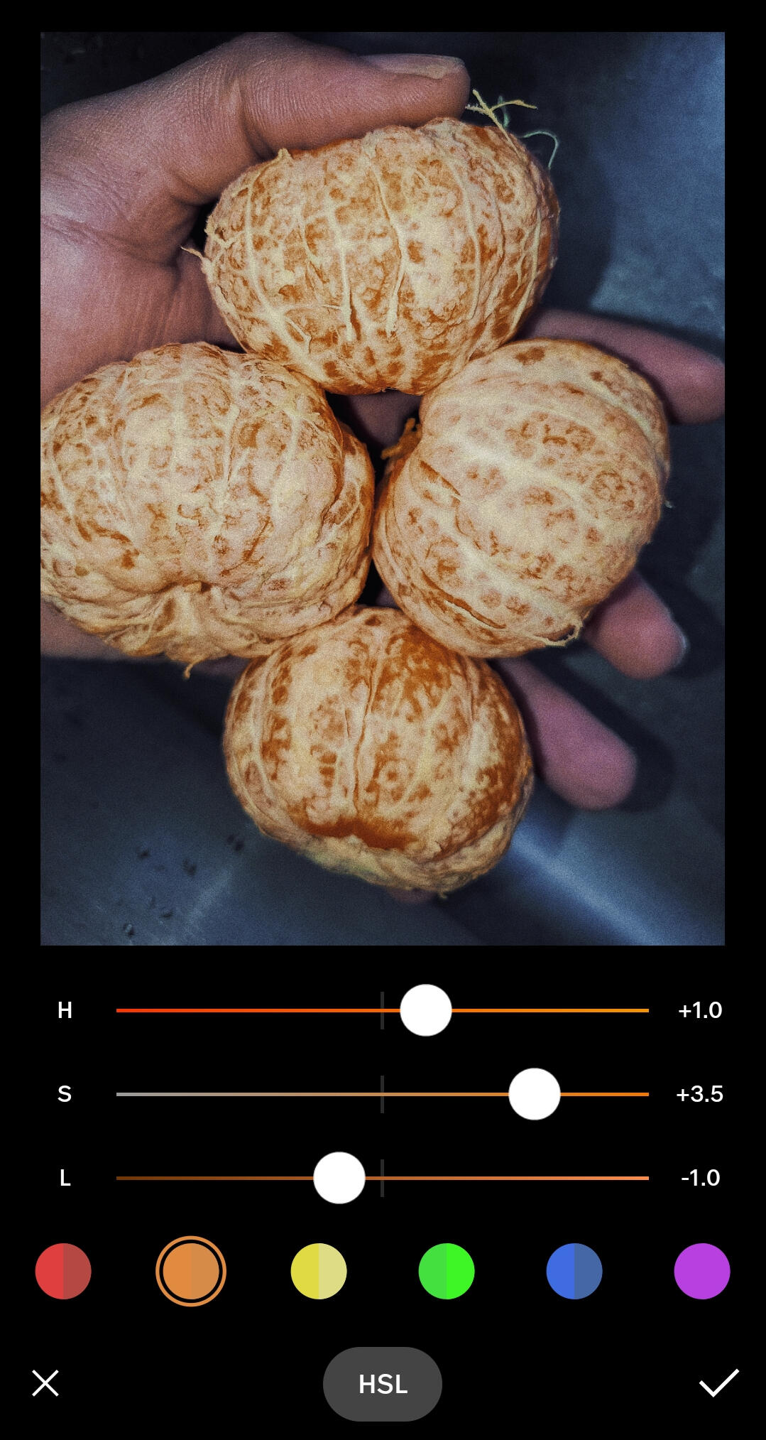 VSCO mobile photograph editing lesson HSL orange settings.