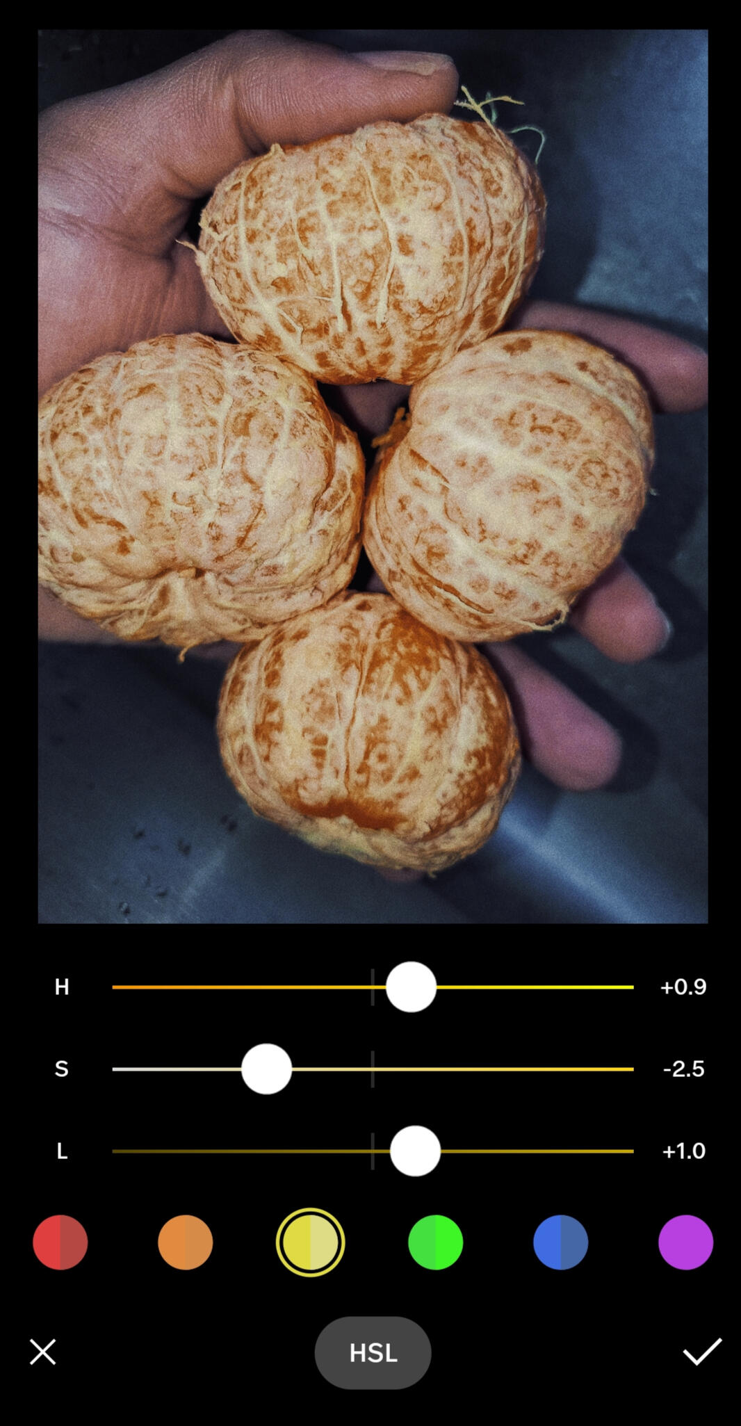 VSCO mobile photograph editing lesson HSL Yellow settings.
