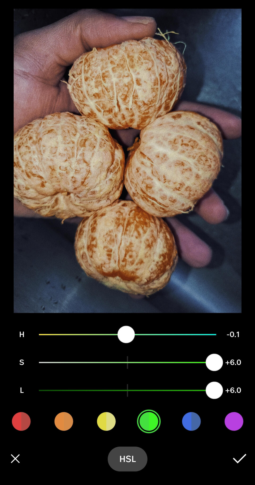 VSCO mobile photograph editing lesson HSL Green settings.